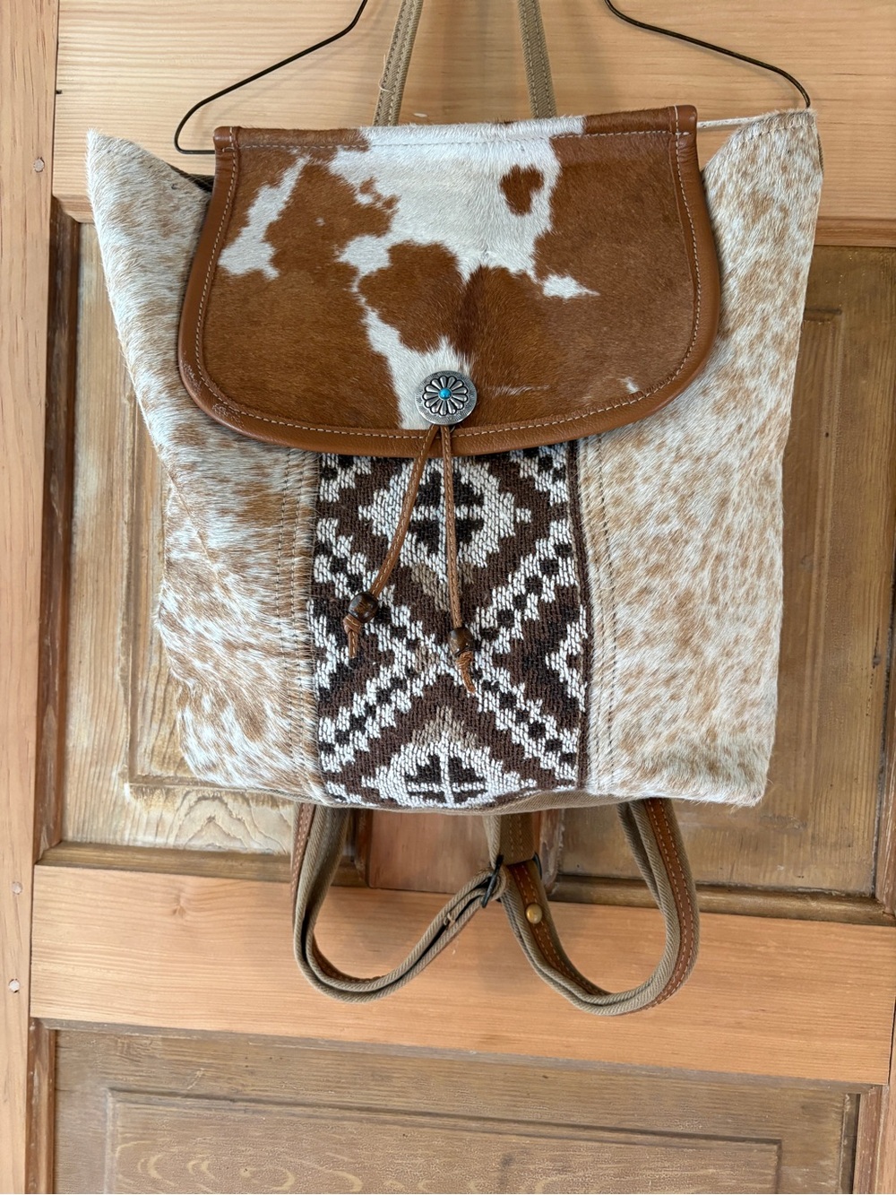 Myra Bag Cowhide Leather / Canvas Backpack Tote in Brown and White